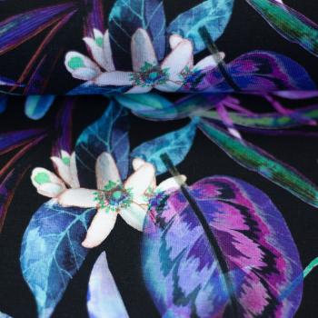 Preview: Modal French Terry Flowers Lila/Rosa/Grün auf Schwarz by Swafing